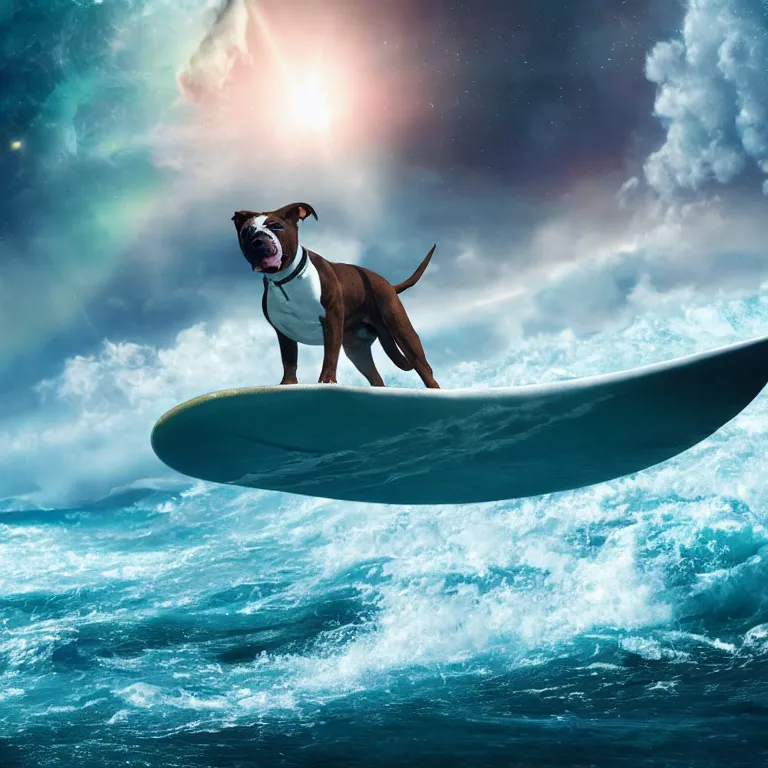 Image similar to photo of a female pit bull with a gray coat and white paws, surfing on a surfboard in a crashing wave of alien ocean in space, background is an alien galaxy, aliens in the background, alien colors, octane render, unreal engine, wide view, 8 k, high detaild