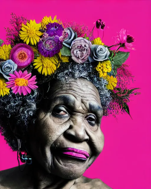 Image similar to a portrait of a beautiful fleshy old black woman who is surprised she is still alive, covered in flowers in the style of guiseppe arcimboldo and james jean, covered in wispy gray hair with a hint of neon, hd 3 d,