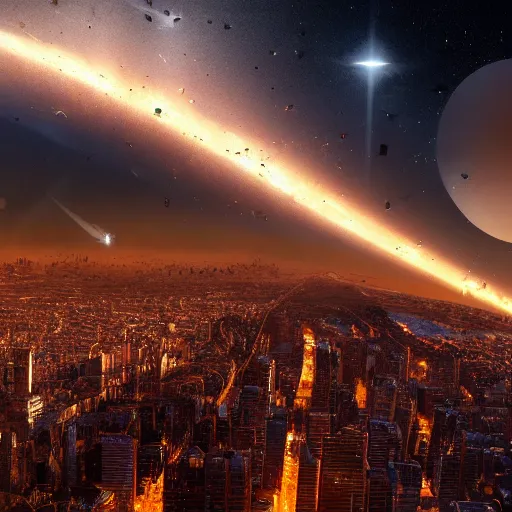 Image similar to meteorites striking the city, annihilating it, 4 k highly detailed