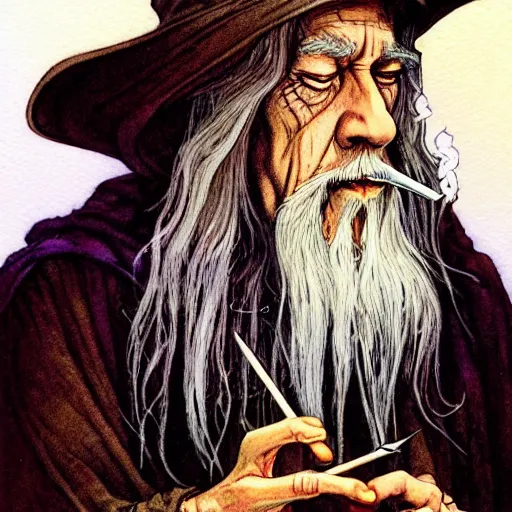 Image similar to a realistic and atmospheric watercolour fantasy character concept art portrait of gandalf smoking weed looking at the camera with an intelligent gaze by rebecca guay, michael kaluta, charles vess and jean moebius giraud