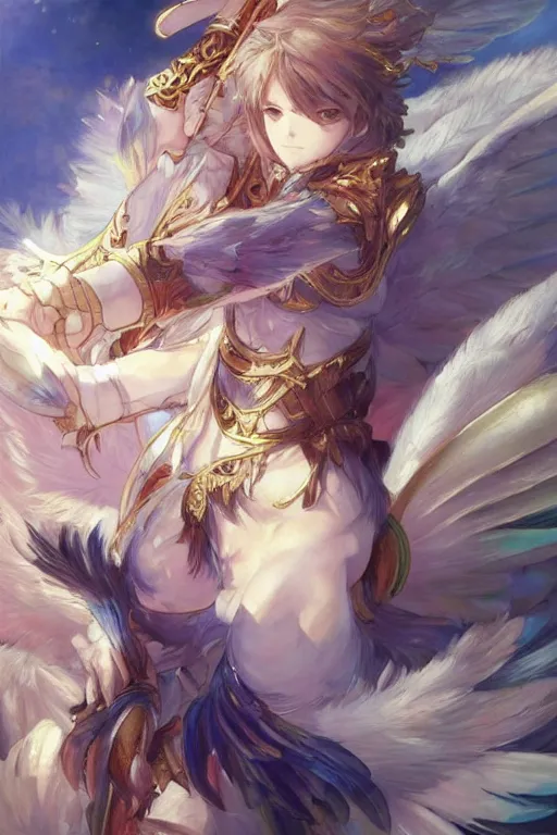 Image similar to a beautiful painting of sandalphon from granblue fantasy, wings with colorful feathers, ray of light, shimmering and prismatic, rococo, highly detailed, by krenz cushart and mucha, trending on artstation.