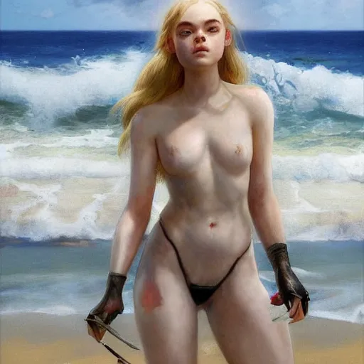 Prompt: ultra realistic portrait painting of elle fanning at the beach in the world of metal gear solid and death stranding, art by frank frazetta, 4 k, ultra realistic, highly detailed, epic lighting