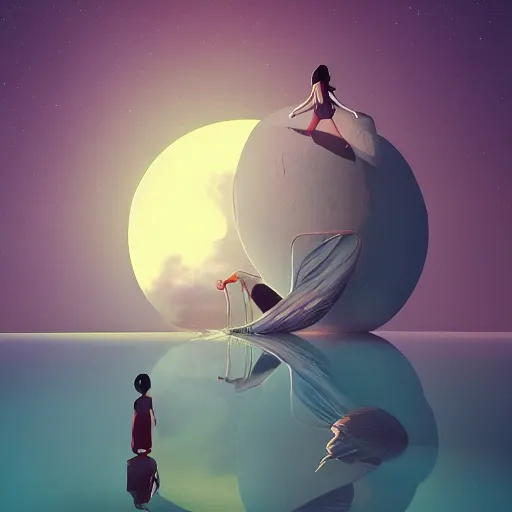 Prompt: a 3 d render of a cartoon giant moon. there is a woman swimming in the sky wearing sci - fi clothes. the woman has fine facial features. image by beeple and james jean, aya takano color style, 8 k, super detailed, modern, 4 k, symmetrical