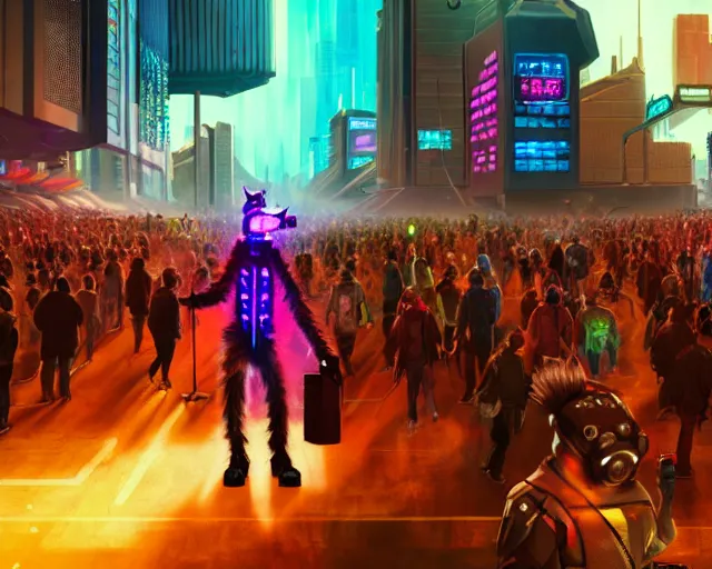 Image similar to high - resolution photograph from a cyberpunk era furry fandom convention ( midwest furfest 2 0 4 7 ), taking place after the genetic revolution and singularity. photorealistic.