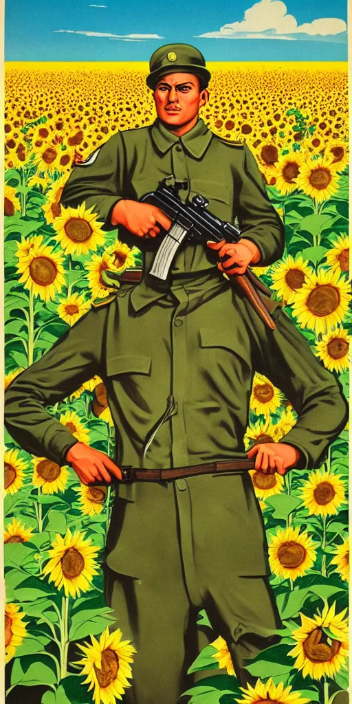 Image similar to Communist Propaganda Poster of a soldier in a sunflower field holding an Steyr AUG.