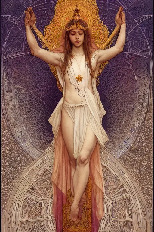 Image similar to a full body portrait of a beautiful ethereal delicate sumerian mage queen meditative sacral pose catholic stages of the cross, intricate, elegant, highly detailed, digital painting, artstation, concept art, smooth, sharp focus, illustration, art by krenz cushart and artem demura and alphonse mucha