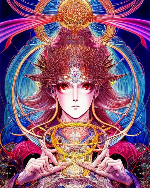 Image similar to hyper detailed illustration of the god of light, prismatic, kami, intricate linework, lighting poster by moebius, ayami kojima, 90's anime, retro fantasy