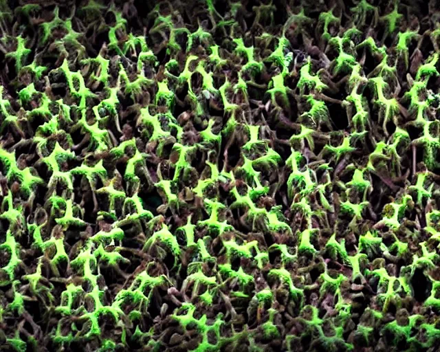 Image similar to a swarm of humans form an unreal locust formation. they fly in unison as one creature inspired by trypophobia. they glow with gods grace