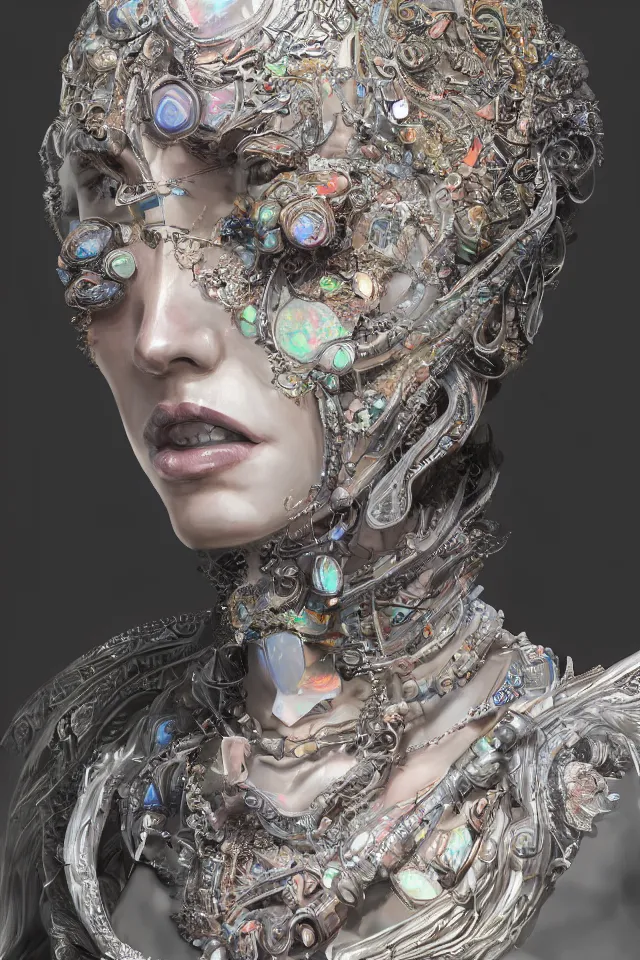 Prompt: a sculpture made of opal, portrait, female, future, shaman, harper's bazaar, vogue, magazine, insanely detailed and intricate, concept art, close-up, ornate, luxury, elite, elegant, trending on artstation, by Ruan Jia, Kenneth Willardt, Ross Tran, WLOP, Andrei Riabovitchev.