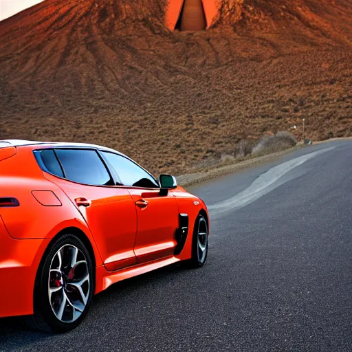 Image similar to kia stinger gt driving towards mount doom | eye of sauron watching over in the background | wide angle photograph | high resolution