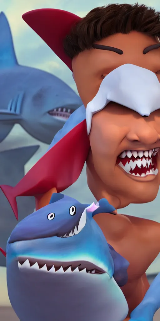 Image similar to 'cartoon concept character in 3d, a young Hispanic guy wearing a cartoon shark cloth facemask'