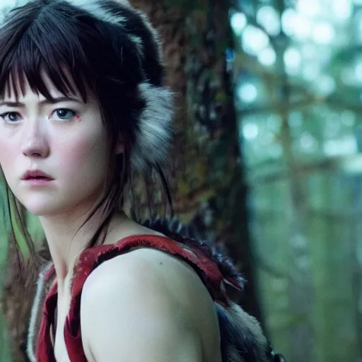 Image similar to mary elizabeth winstead as live action princess mononoke, still frame, sharp focus, cinematic, filmic