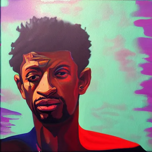 Image similar to painting of a tranquil 21 savage standing close to camera in the style of flooko, acrylic, twilight, glows, detailed,