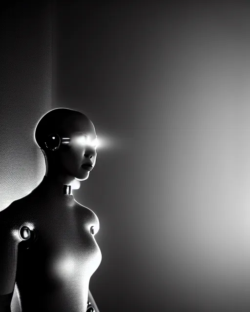 Image similar to black and white high quality photo of a beautiful futuristic female human-AI-cyborg looking into a sci-fi mirror:: volumetric lighting, liminal space, brutalism, foggy, dreamy, hyperdetailed, bokeh, photorealistic, cinematic, masterpiece, Metropolis, elegant, dark, octane render, 8K, photograph taking in 1910