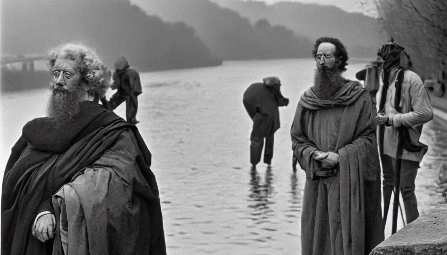 Prompt: 1 9 6 0 s movie still close - up portrait of marcus aurelius, skinny and ill on the bank of the danube with drapery, cinestill 8 0 0 t 3 5 mm b & w, high quality, heavy grain, high detail, cinematic composition, dramatic light, anamorphic, hyperrealistic, by josef sudek