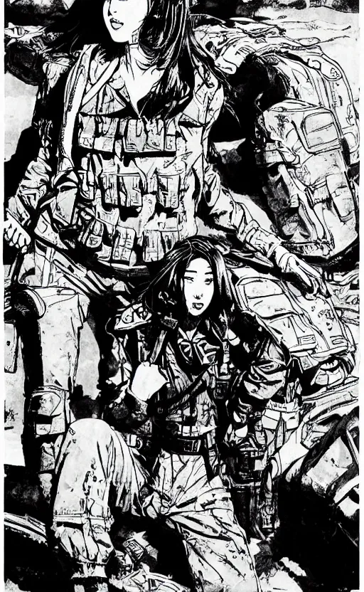 Image similar to manga style, black and white, intricate line art, portrait of a girl, trench and sandbags in background, soldier clothing, short hair, hair down, symmetrical facial features, norman rockwell, tom lovell, alex malveda, jack kirby, greg staples