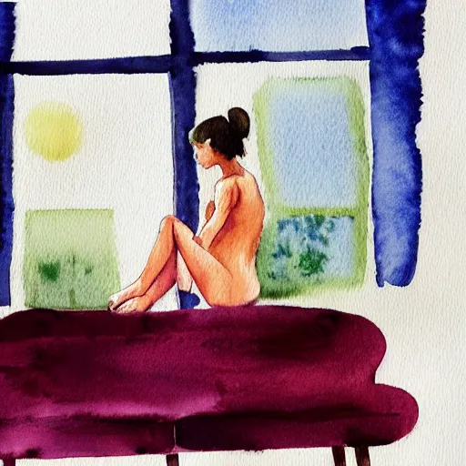 Image similar to watercolor painting of a female body sitting on a sofa, infront of window light.