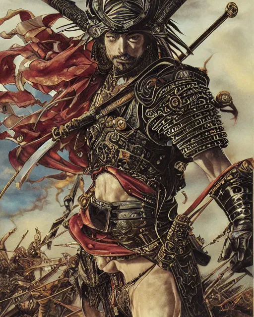 Image similar to portrait of a spanish conquistador in battle, by daniel zrom, masamune shirow, josan gonzales and dan mumford, ayami kojima, takato yamamoto, barclay shaw, karol bak, yukito kishiro