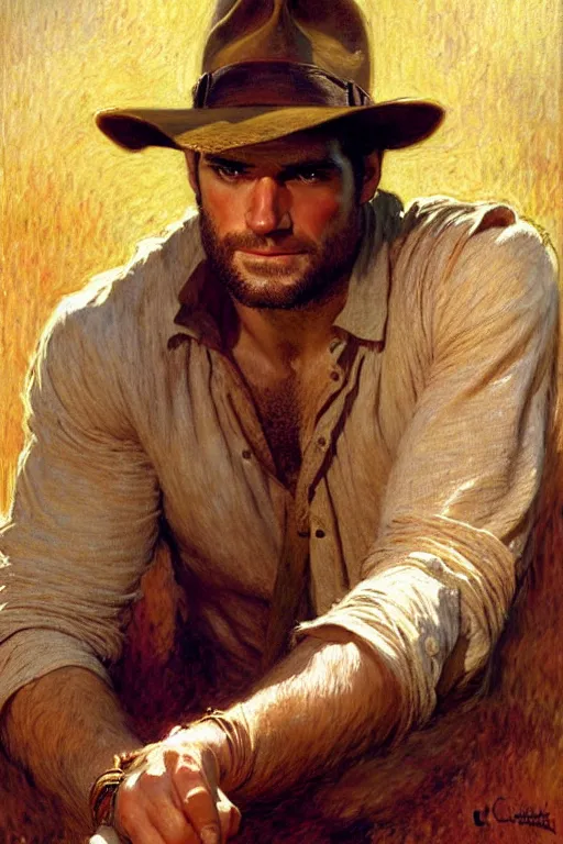 Image similar to henry cavill as indiana jones, painting by gaston bussiere, craig mullins, j. c. leyendecker, claude monet