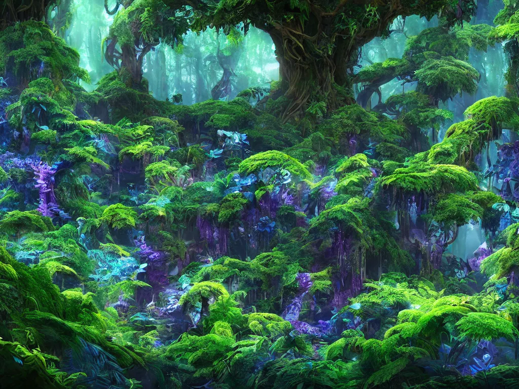 Prompt: a beautiful otherworldly fantasy landscape of lush ferns and evergreen trees in hyper detail, like alice in wonderland, extreme detail, studio ghibli and pixar and abzu, rendering, cryengine, deep colors, purple and blue and green colors, vray render, cgsociety, bioluminescent