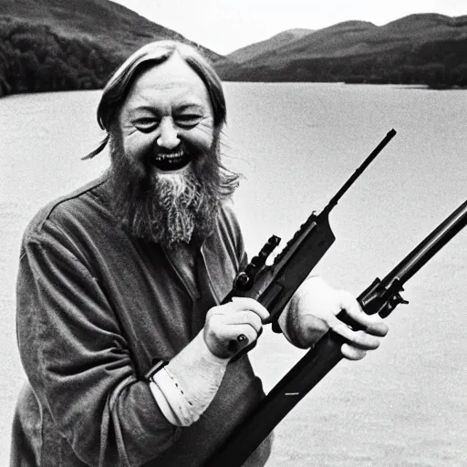 Prompt: robert wyatt laughing maniacally and shooting the view with his gun