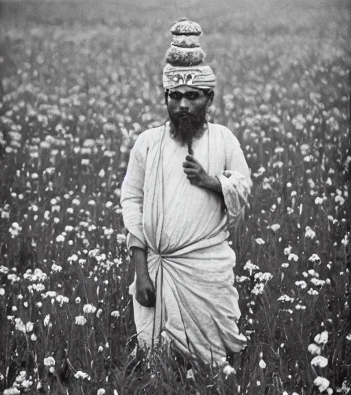 Prompt: mystical hindu god standing in tall meadow of flowers, distant, ww1 film photo, grainy, high detail, high resolution