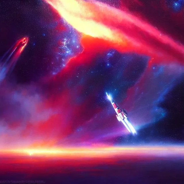 Prompt: a beautiful painting of a spaceship in the nebula by john harris and chris foss and pascal blanche and greg rutkowski and bob layzell. in style of oil on canvas art. ultra realistic, hyper detailed. interstellar. 4 k texture. deep sky photography. octane render. trending on artstation