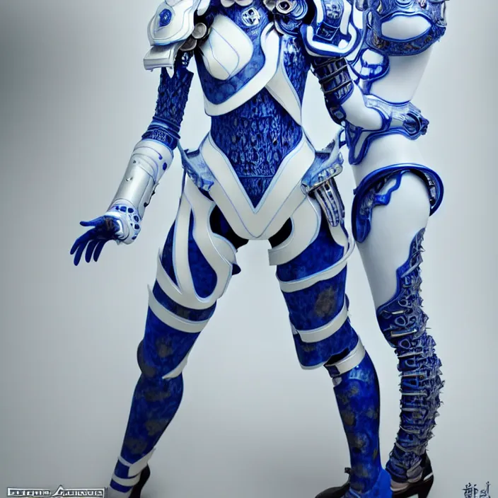 Image similar to porcelain cyborg armor, Chinese Blue and white porcelain 24th century, diffuse lighting, fantasy, intricate, elegant, highly detailed, lifelike, photorealistic, digital painting, artstation, illustration, concept art, smooth, sharp focus, art by John Collier and Albert Aublet and Krenz Cushart and Artem Demura and Alphonse Mucha