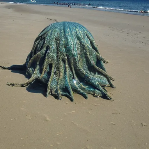 Prompt: a shoggoth on the beach