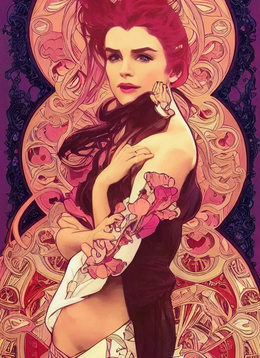 Image similar to Pretty woman, 1967 psychedelic portrait art by artgerm and greg rutkowski and alphonse mucha