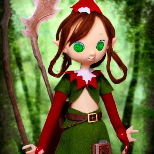 Image similar to elf druid, feminine, smiling, freckles, green eyes, red hair, tall