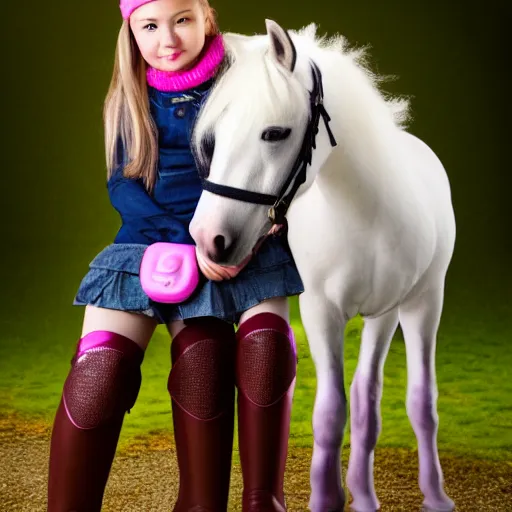 Prompt: young girl with rider boots, next to her is a pink pony, photo taken by nikon, sharp focus, highly detailed, studio lightning, 4 k