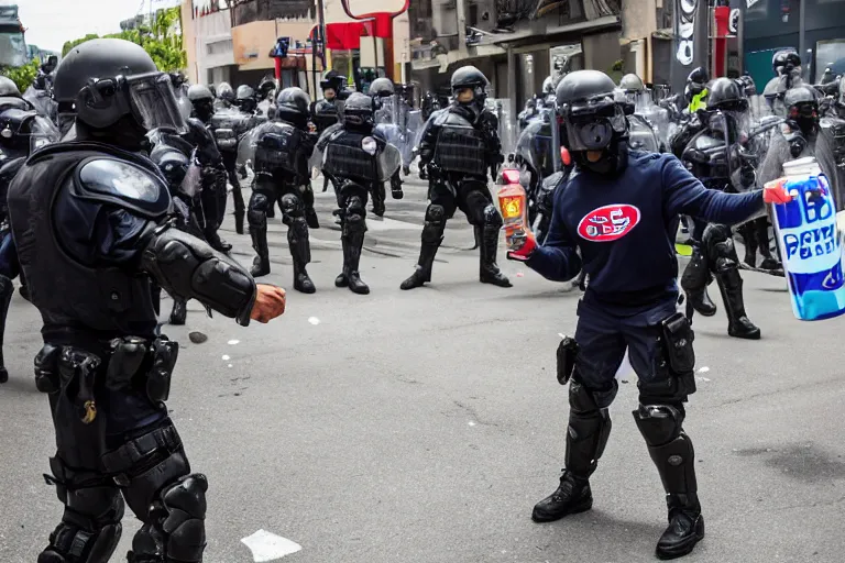 Image similar to beast boy giving a pepsi to riot police and stopping a protest, pepsi ad