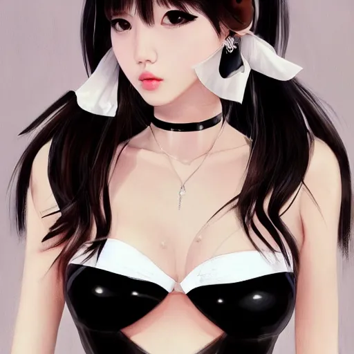 Prompt: !dream realistic detailed semirealism beautiful gorgeous cute Blackpink Lalisa Manoban wearing white silky lingerie, white silky outfit, black hair black cat ears, black leather choker, large breasts size, proportional body, WLOP, Aztodio, Taejune Kim, Pixiv, Instagram, Artstation