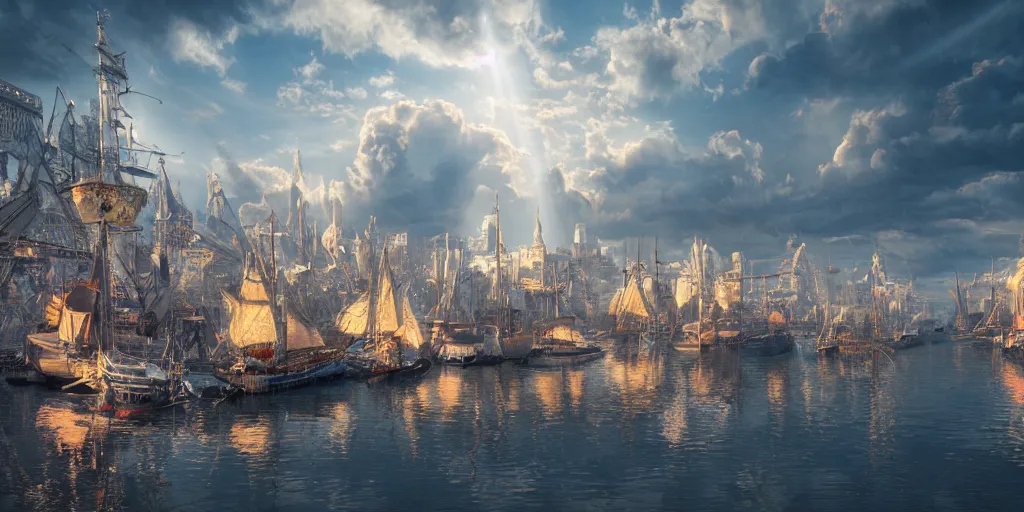 Prompt: beautiful seventeenth century harbour city, vivid colors, gorgeous clouds, god rays, digital art, landscape, fantasy art, octane render, ureal engine, high detail, very realistic, by giger