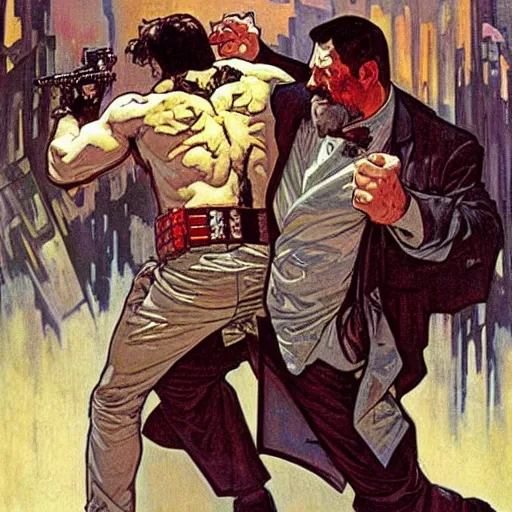 Image similar to the punisher fighting kingpin. Epic painting by James Gurney, Alphonso Mucha.