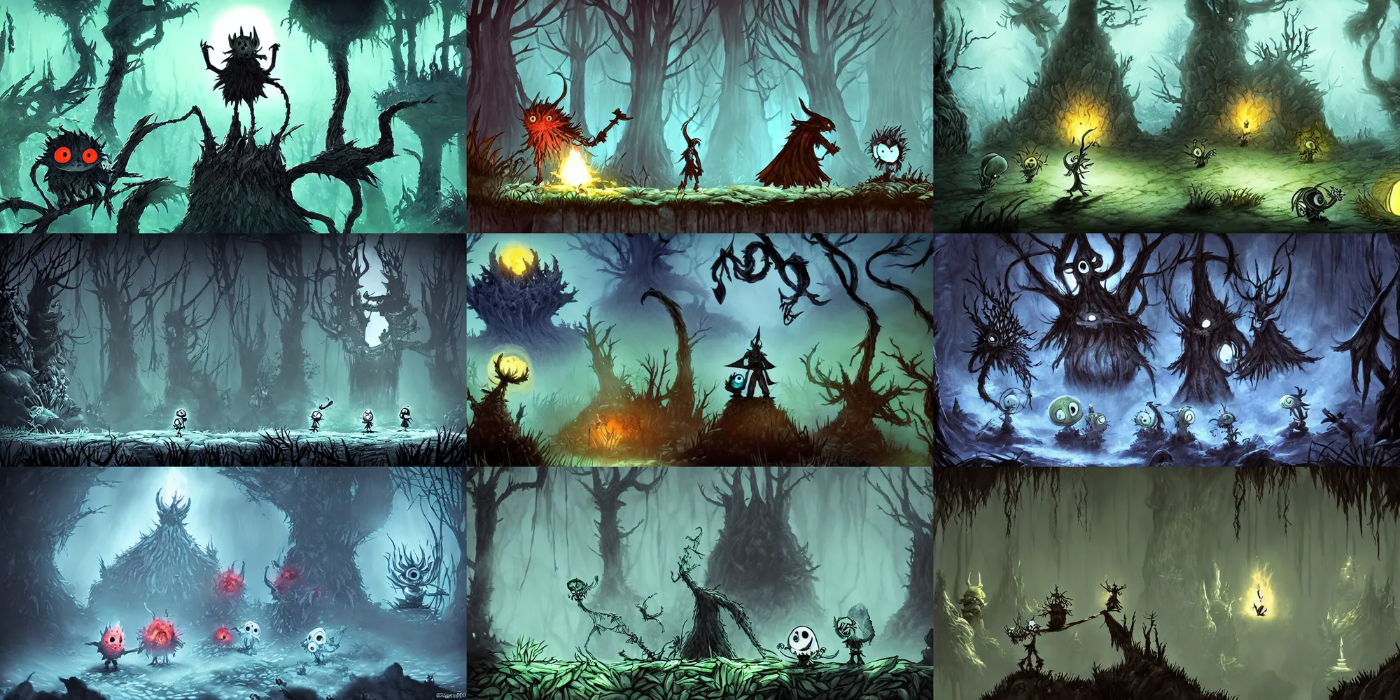 Prompt: darksouls in the ori blind forest in the style of tim burton