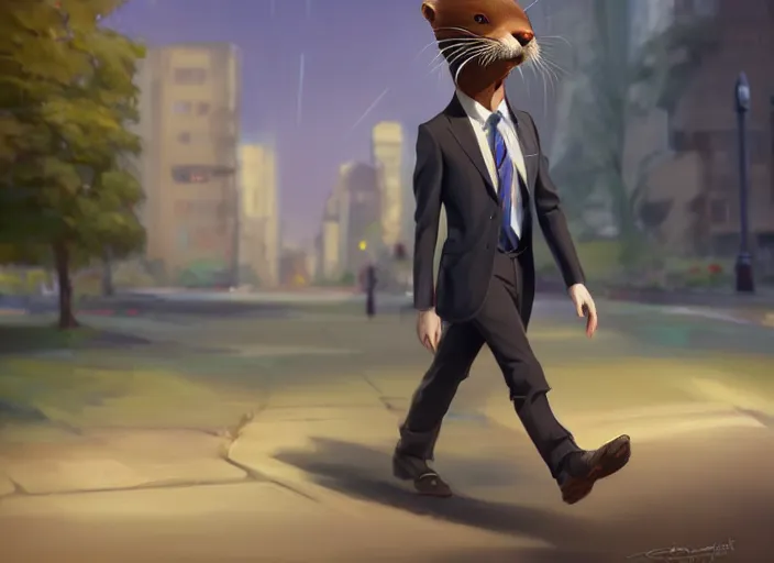 Prompt: well proportioned, stylized expressive master furry art painting by blotch and rukis of an anthro otter, headshot, wearing suit and tie, walking to his job character portrait feature stylized by charlie bowater, ross tran, artgerm, makoto shinkai, detailed, soft lighting, rendered in octane