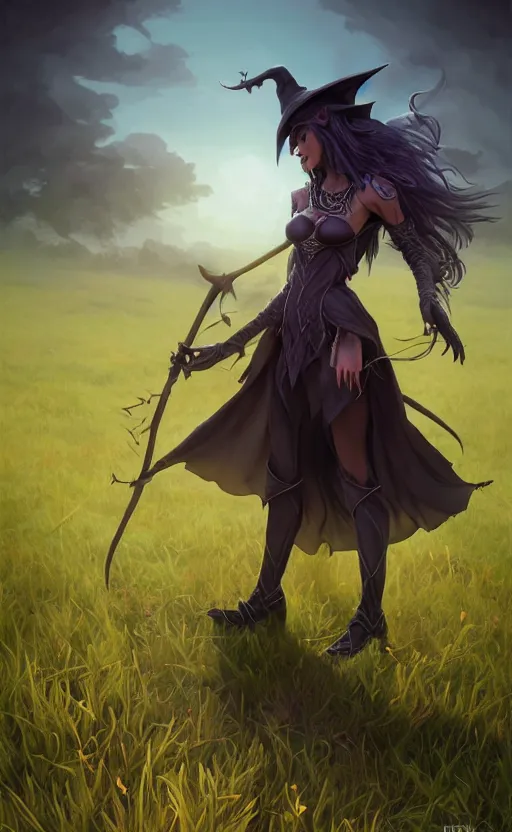 Image similar to medium shot of dark elf witch in field, sunny, highly detailed, d & d, fantasy, highly detailed, digital painting, trending on artstation, concept art, sharp focus, illustration, global illumination, ray tracing, realistic shaded, art by artgerm and greg rutkowski and fuji choko and viktoria gavrilenko and hoang lap