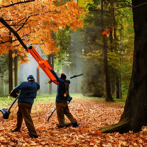 Image similar to men with leaf blowers fighting the falling leaves in a forest