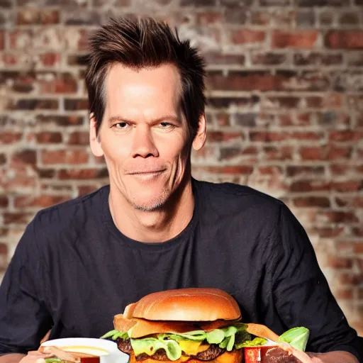 Image similar to kevin bacon profile portrait eating bacon burger soda fries, award winning food photography