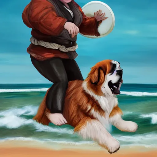 Image similar to girl riding a giant saint Bernard at the beach catching a frisbee, trending on artstation