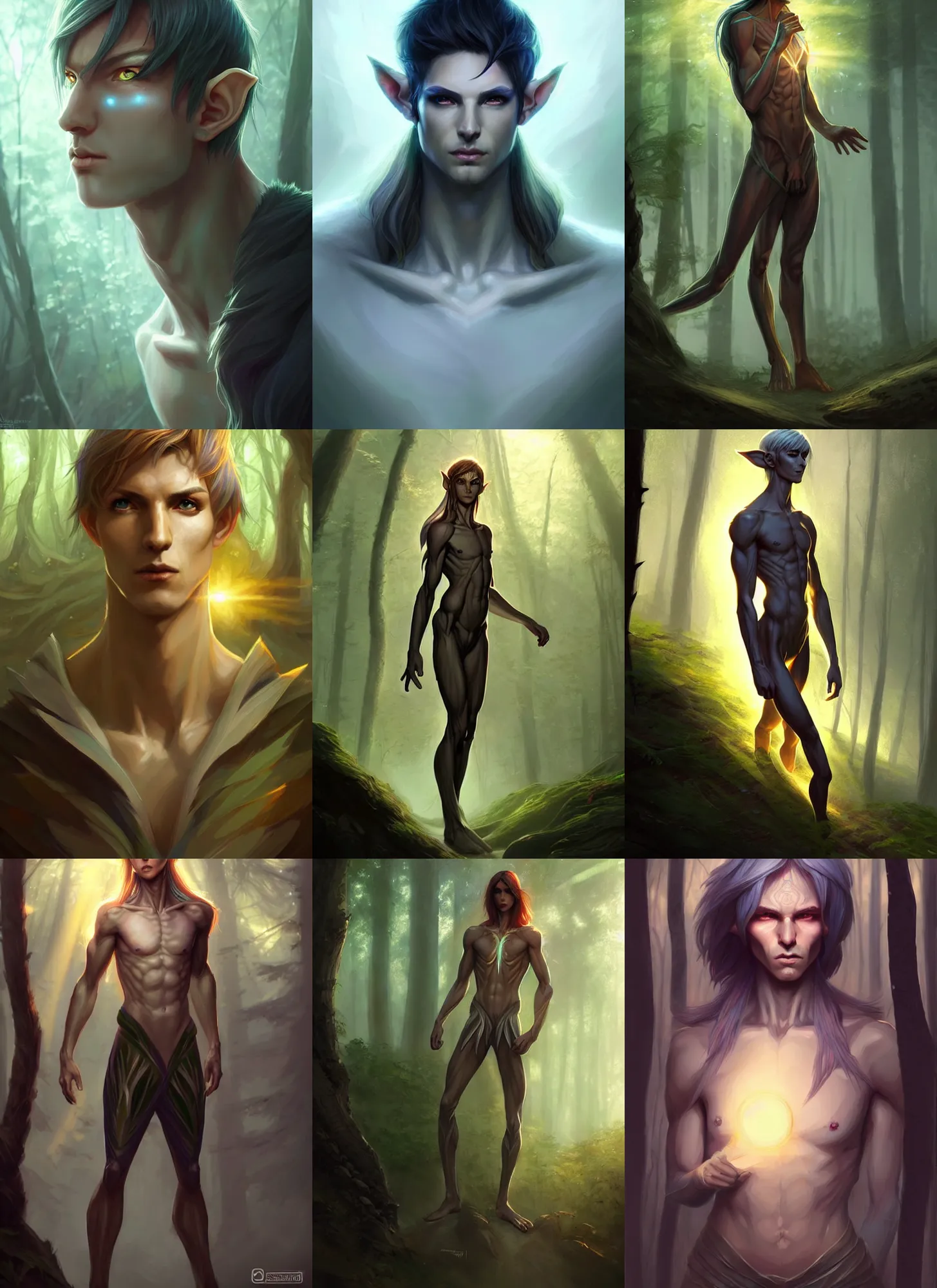 Prompt: digital concept art by nixeu, by artgerm and greg rutkowski, iridescent, portrait of an androgynous lithe male elf in the forest, fullbody, long hair, god rays, hyper detailed, character concept, glowing particulate, intricate, elegant, digital painting, artstation, smooth, sharp focus,