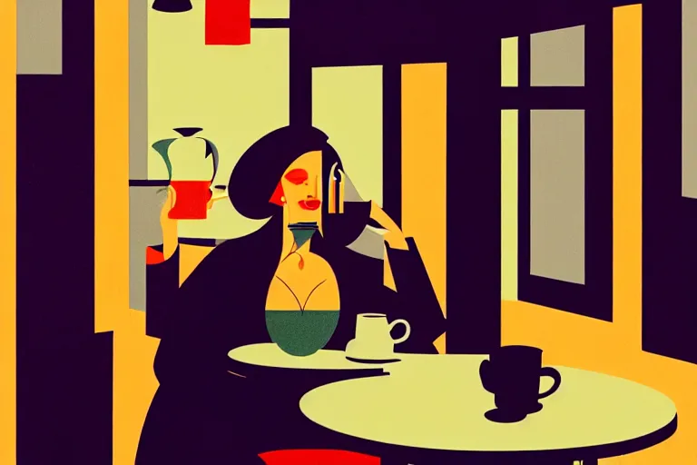 Prompt: editorial illustration by Karolis Strautniekas and Mads Berg, portrait of a woman drinking tea in a crowded cafe, colorful, fine texture,detailed, muted colors,film noir, dramatic lighting, dynamic composition, vivid, matte print, wide angle,((sunbeams)), moody, extreme perspective