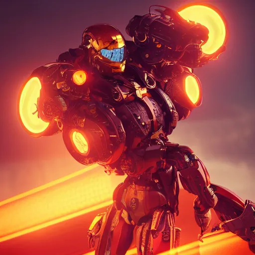 Prompt: cyborg eagle with red lenses and golden helmet, mecha, hard surface, hyper realistic, by eddie mendoza, volumetric lighting, foggy, orange glow, octane render