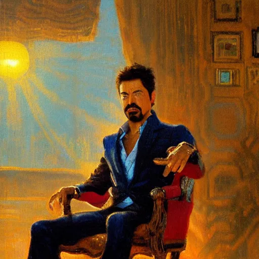 Prompt: detailed oil painting of tony stark sitting in an armchair in a room with the setting sun, by thomas kinkade, rembrandt, golden hour