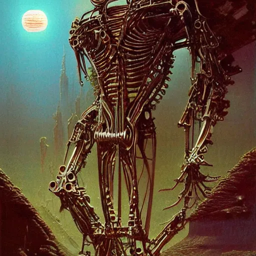 Prompt: biomechanical god, art by bruce pennington