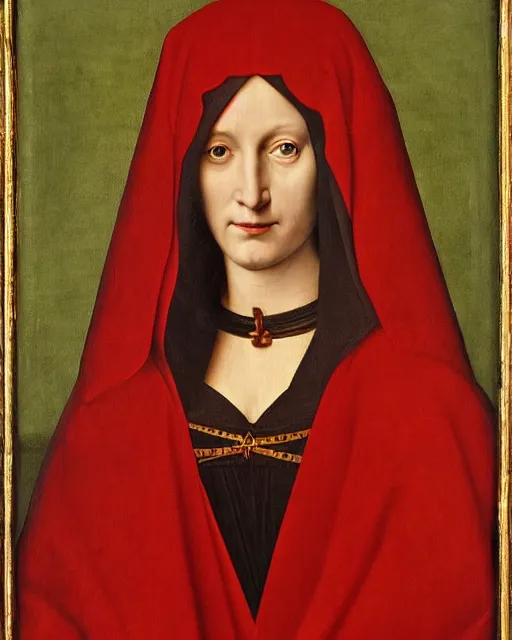 Prompt: a painting of a woman in a red cloak, a flemish baroque by antonello da messina, behance, pre - raphaelitism, da vinci, pre - raphaelite, dutch golden age