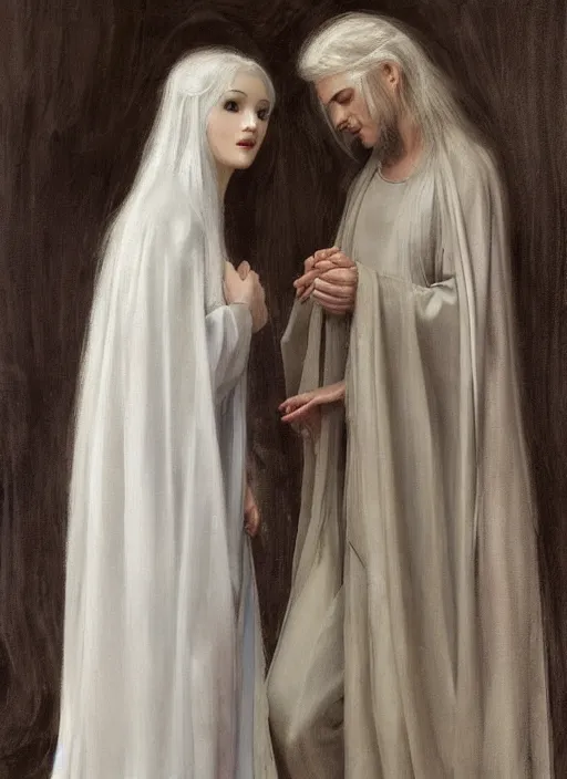 Image similar to single thin angel with silver hair so pale and wan!, thin!, wearing robes, covered in robes, lone pale wan feminine goddess, wearing silver robes, flowing hair, pale skin, young cute face, covered!!, clothed! oil on canvas, style of lucien levy - dhurmer and jean deville, 4 k resolution, aesthetic!, mystery