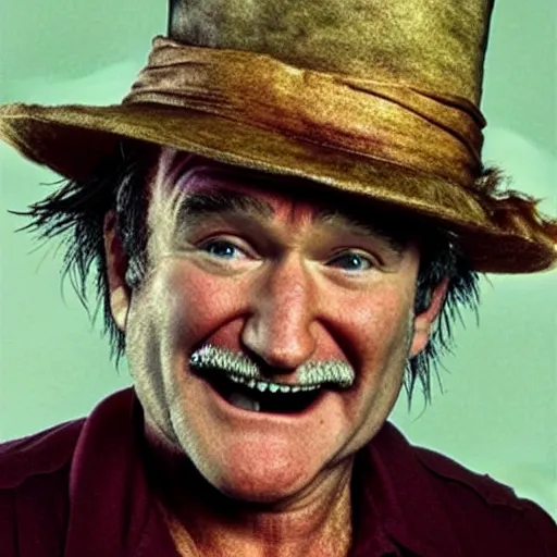 Image similar to robin williams as wurzel gummidge, looking in window at night, demented, wispy hair, drooling, slack jaw